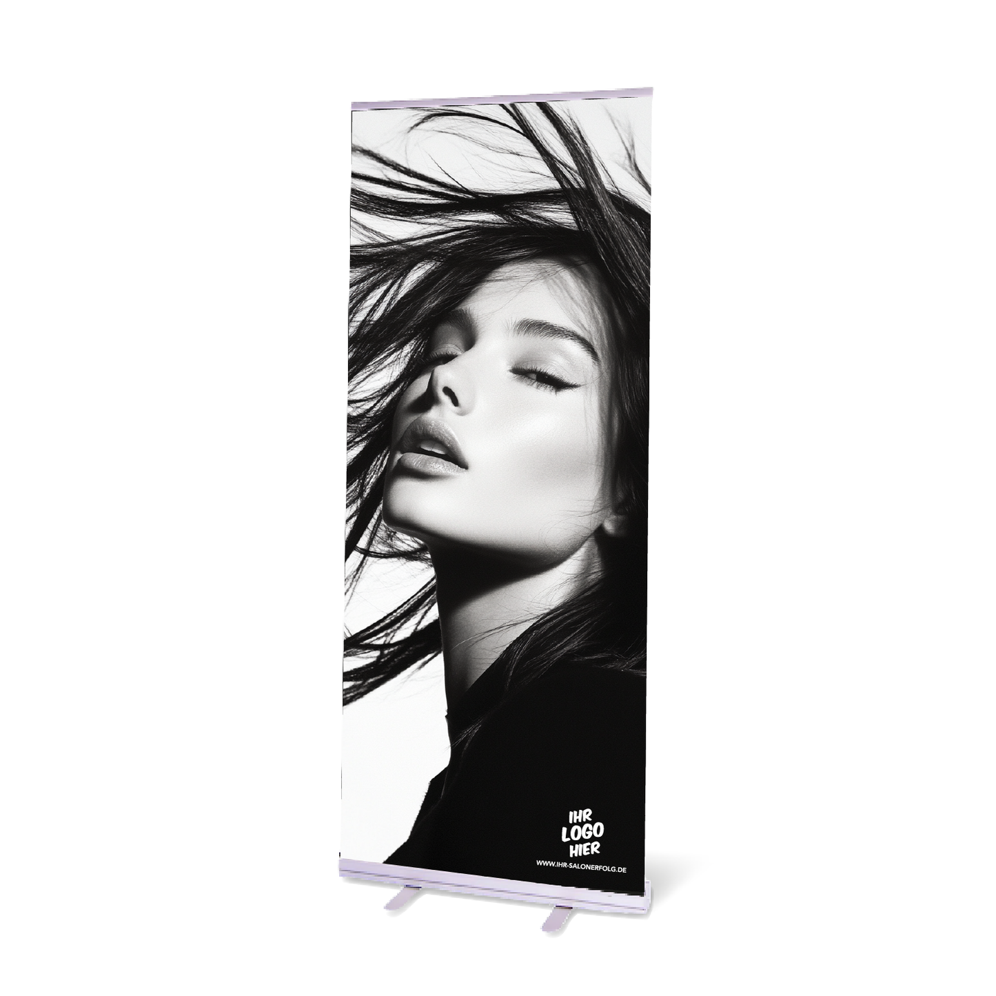 Ein Roll-Up Banner mit Motiv: Model-Foto in schwarz-weiß