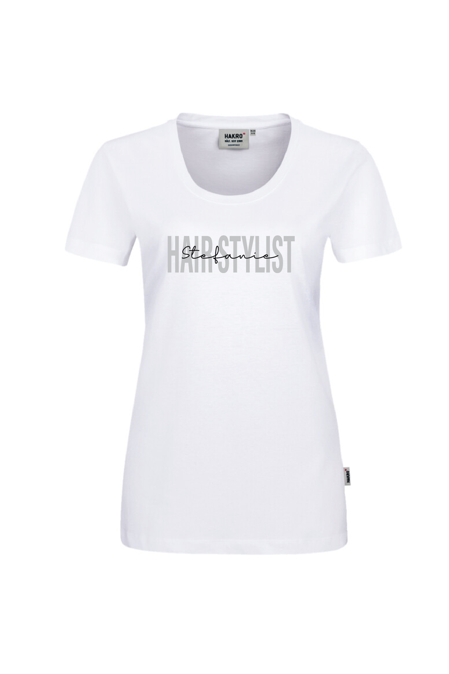 Weißes T-Shirt mit Aufdruck "Hairstylist" und Name