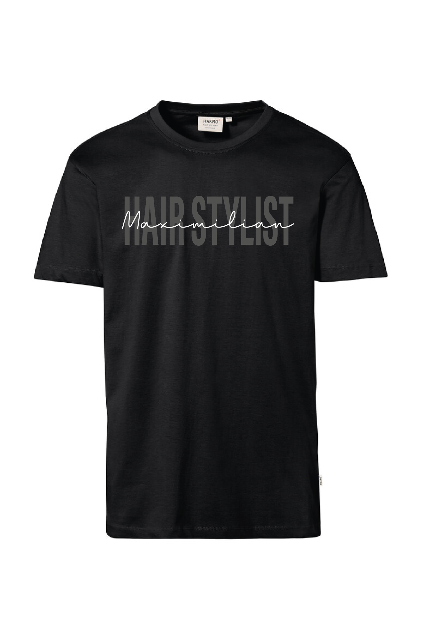Schwarzes T-Shirt mit Aufdruck "Hairstylist" und Name