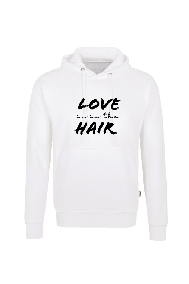 Weißer Hoody mit schwarzem Schriftzug "Love is in the hair"