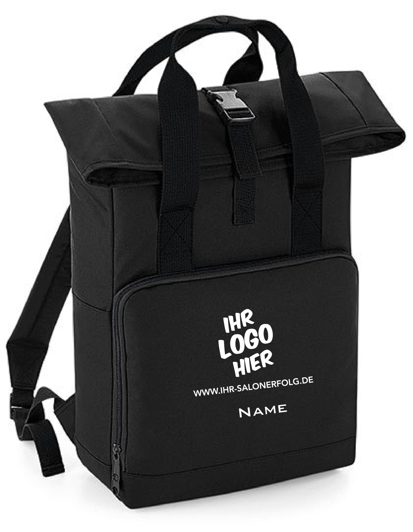 Schwarzer Rolltop-Rucksack mit Ihrem Salonlogo