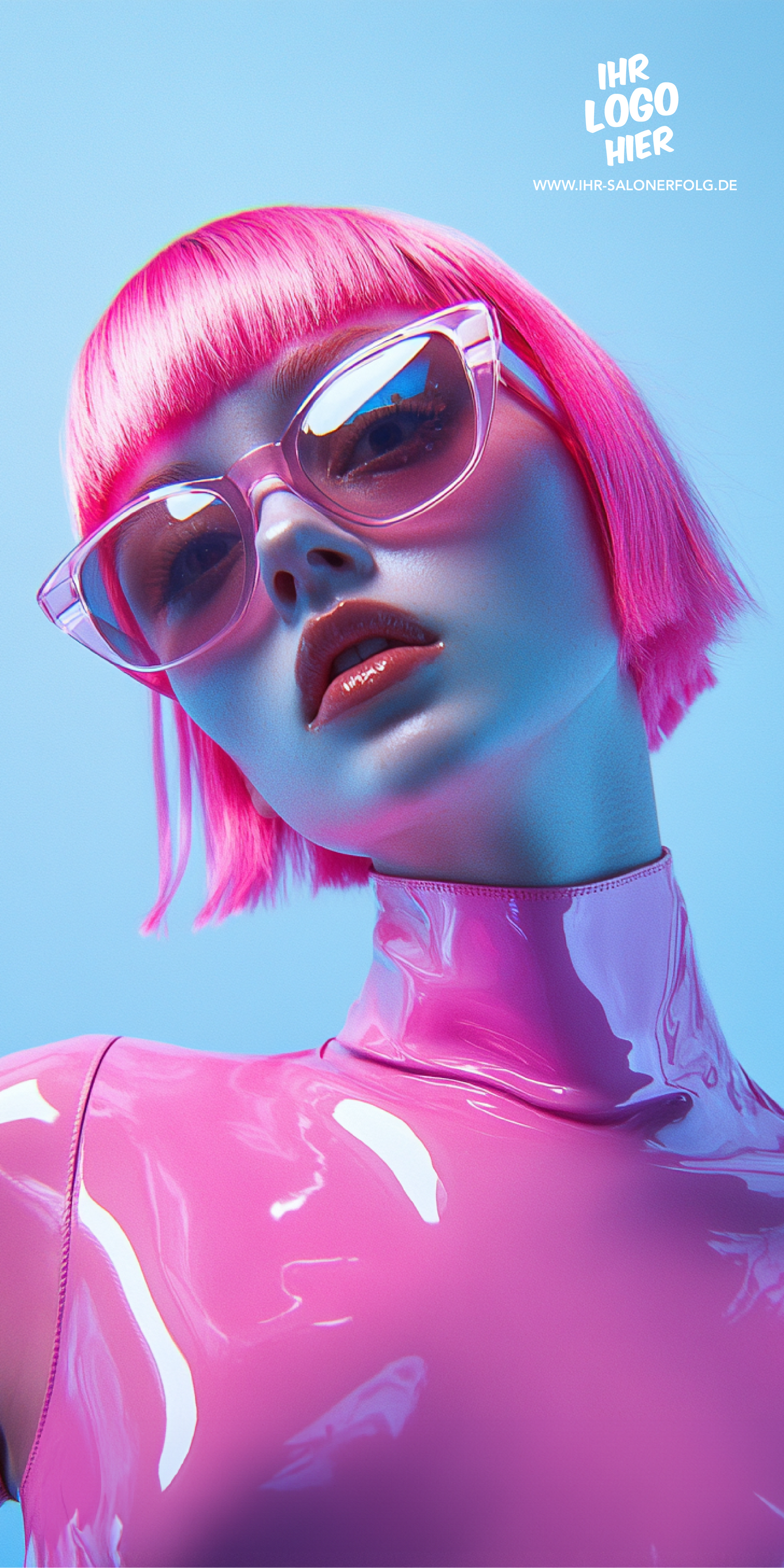 Ein Bannermotiv, das ein Model in pinkem Latexkleid und pinken Haaren zeigt.
