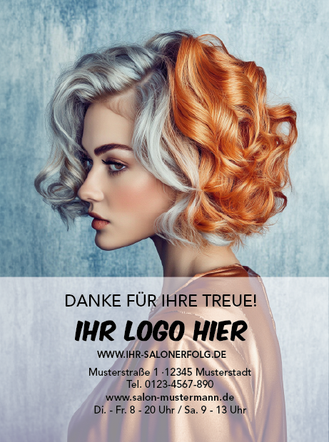 Eine Treuekarte im Stil "bronze": ein Model mit kurzen, roten und weißen Haaren und einem bronze-farbenem Kleid, Vorderseite mit Ihrem Salonlogo