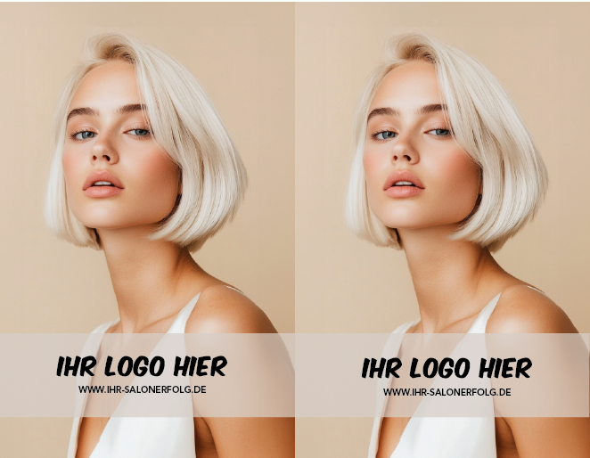 Weiterempfehlungskarten Motiv "beige": ein Model mit kurzen, blonden Haaren und weißem Kleid, Vorderseite mit Ihrem Salonlogo