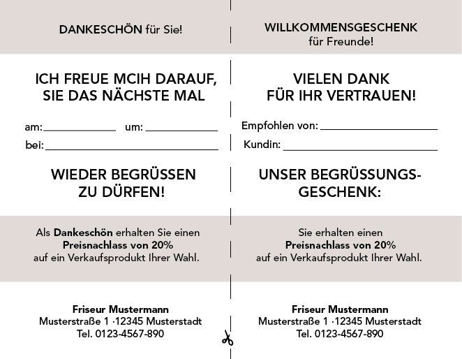 Weiterempfehlungskarten Motiv "beige": Rückseite mit Gutscheinen für Kunden und Neukunden