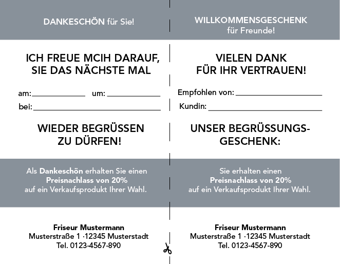 Weiterempfehlungskarten Motiv "bronze": Rückseite mit Gutscheinen für Kunden und Neukunden