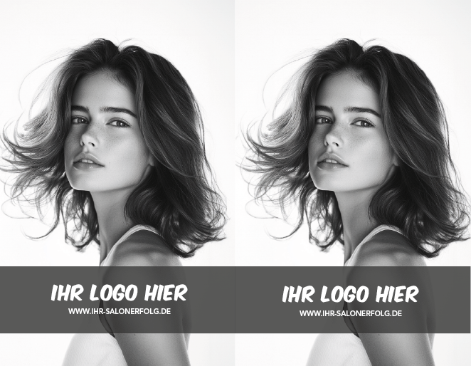 Weiterempfehlungskarten mit Motiv "schwarz-weiß": ein Model mit langen, im Wind wehenden Haaren, Vorderseite mit Ihrem Salonlogo