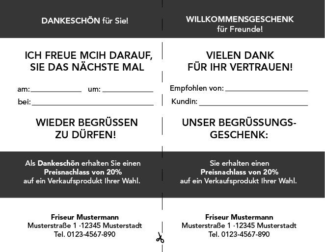 Weiterempfehlungskarten Motiv "schwarz-weiß": Rückseite mit Gutscheinen für Kunden und Neukunden