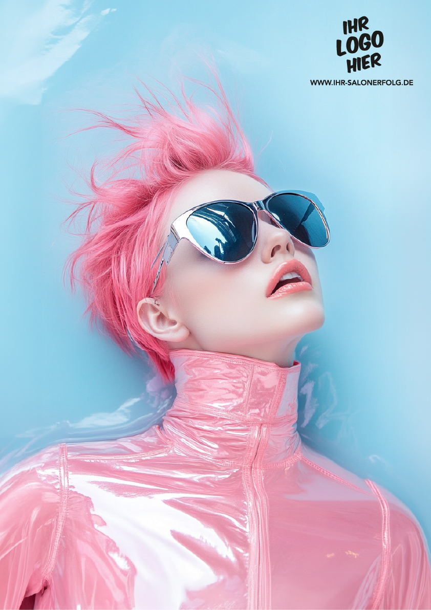 Motiv "pink": Ein Model mit kurzen, rosa Haaren und rosa Sonnenbrille und Latexkleid vor blauem Hintergrund