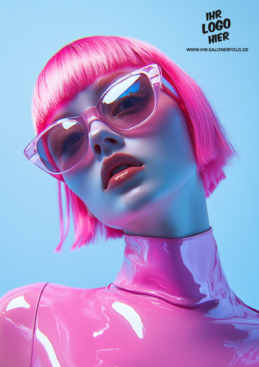 Motiv "pink": Ein Model mit kurzen, pinken Haaren und pinker Sonnenbrille und Latexkleid vor blauem Hintergrund