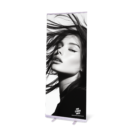 Ein Roll-Up Banner mit Motiv: Model-Foto in schwarz-weiß