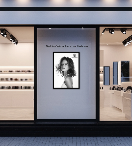 Backlite-folie mit Model und Ihrem Salonlogo in Ihrem Leuchtrahmen