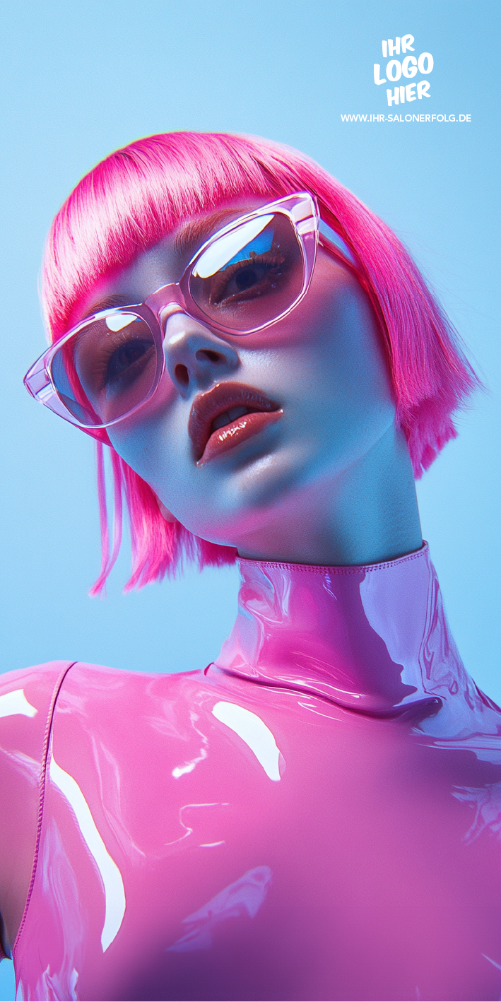 Bannermotiv in pinkem Stil, Model mit Latexkleid und Haaren in pink