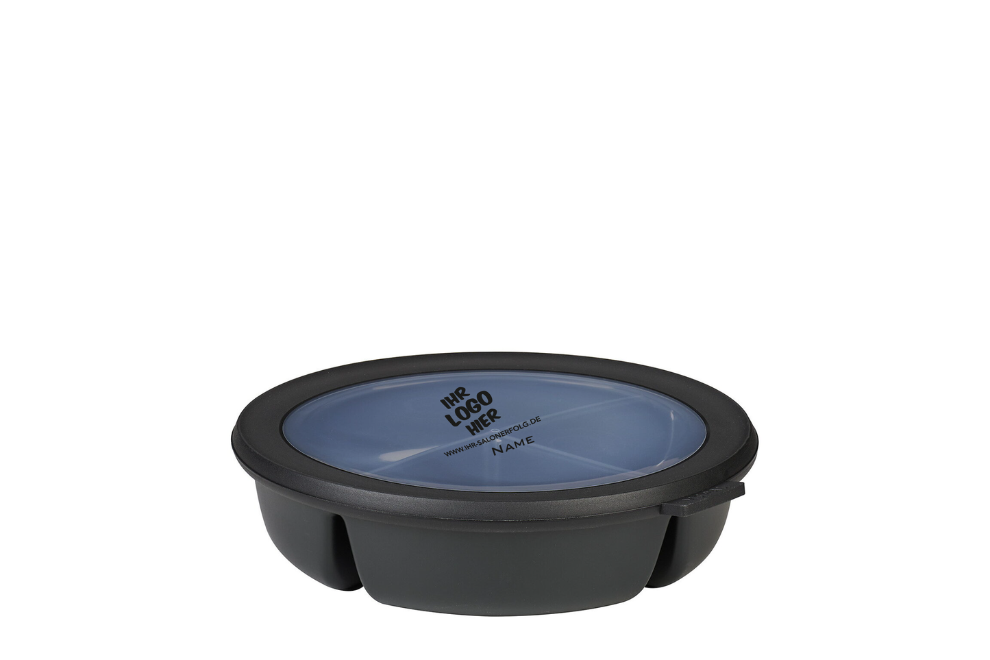 schwarze Bento-Bowl mit Ihrem Salonlogo und Name in schwarz veredelt