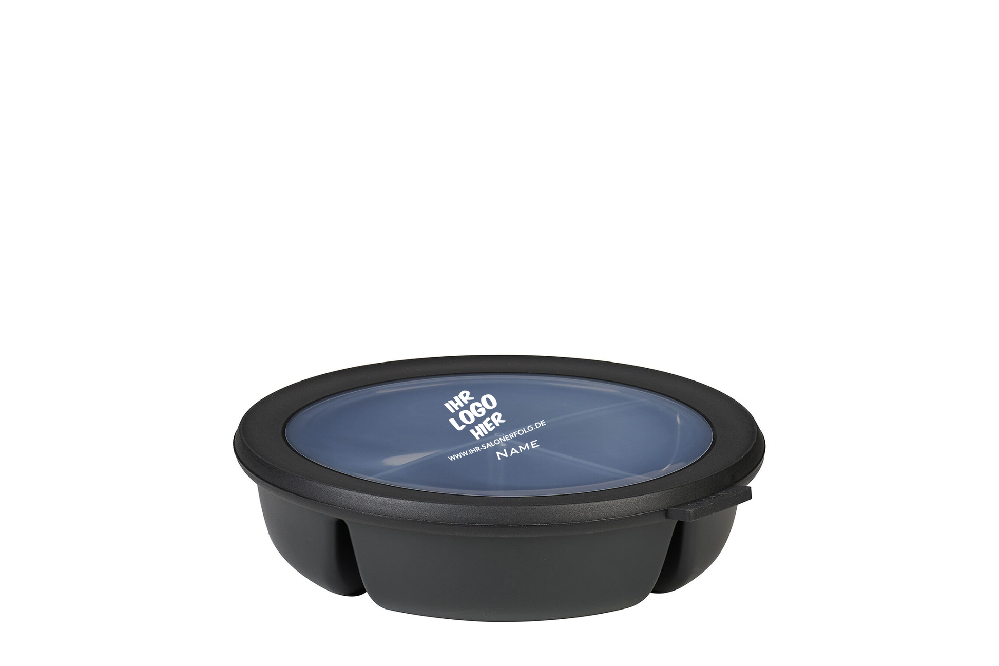 schwarze Bento-Bowl mit Ihrem Salonlogo und Name in weiß veredelt