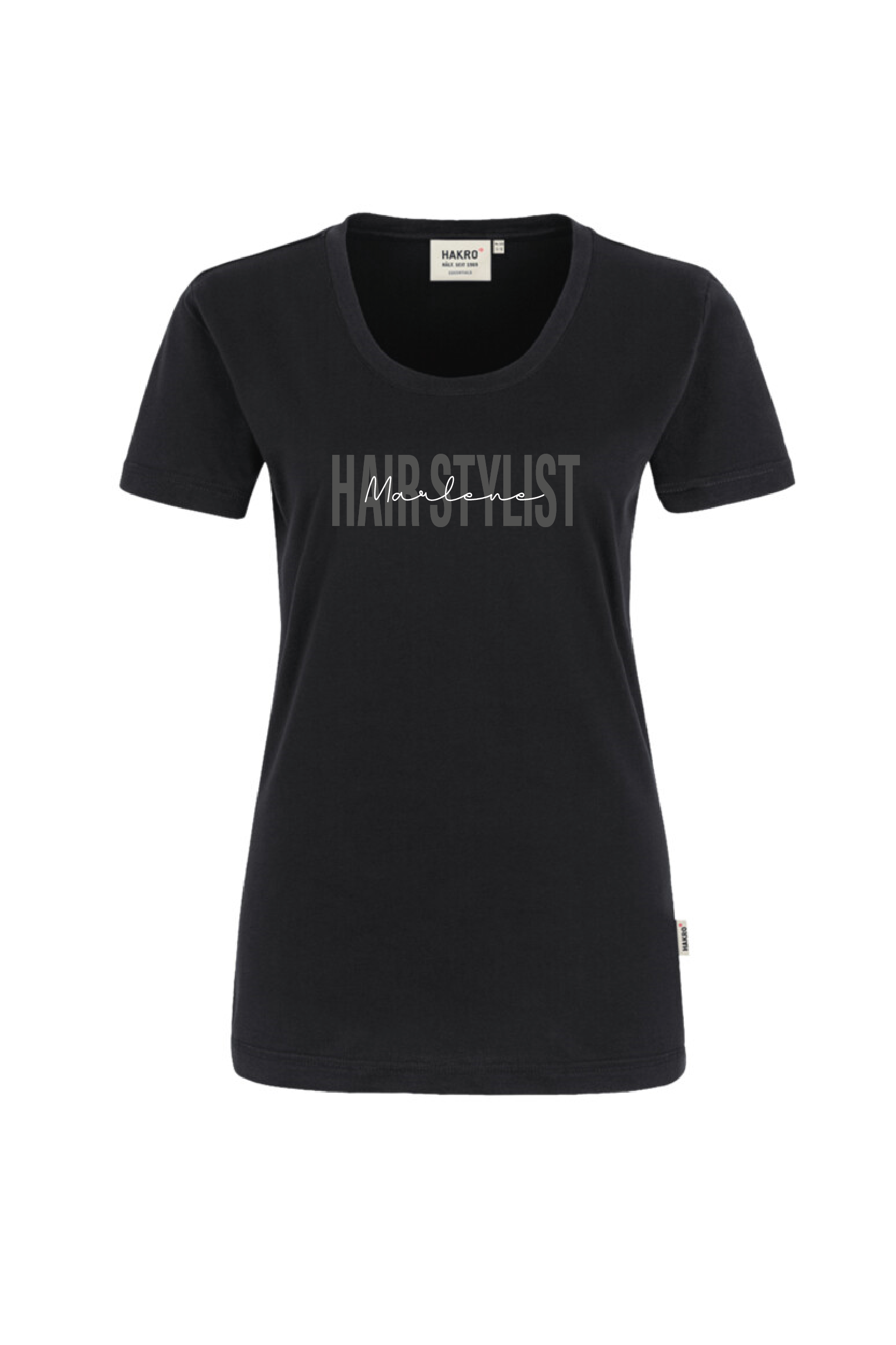 Schwarzes T-Shirt mit Aufdruck "Hairstylist" und Name