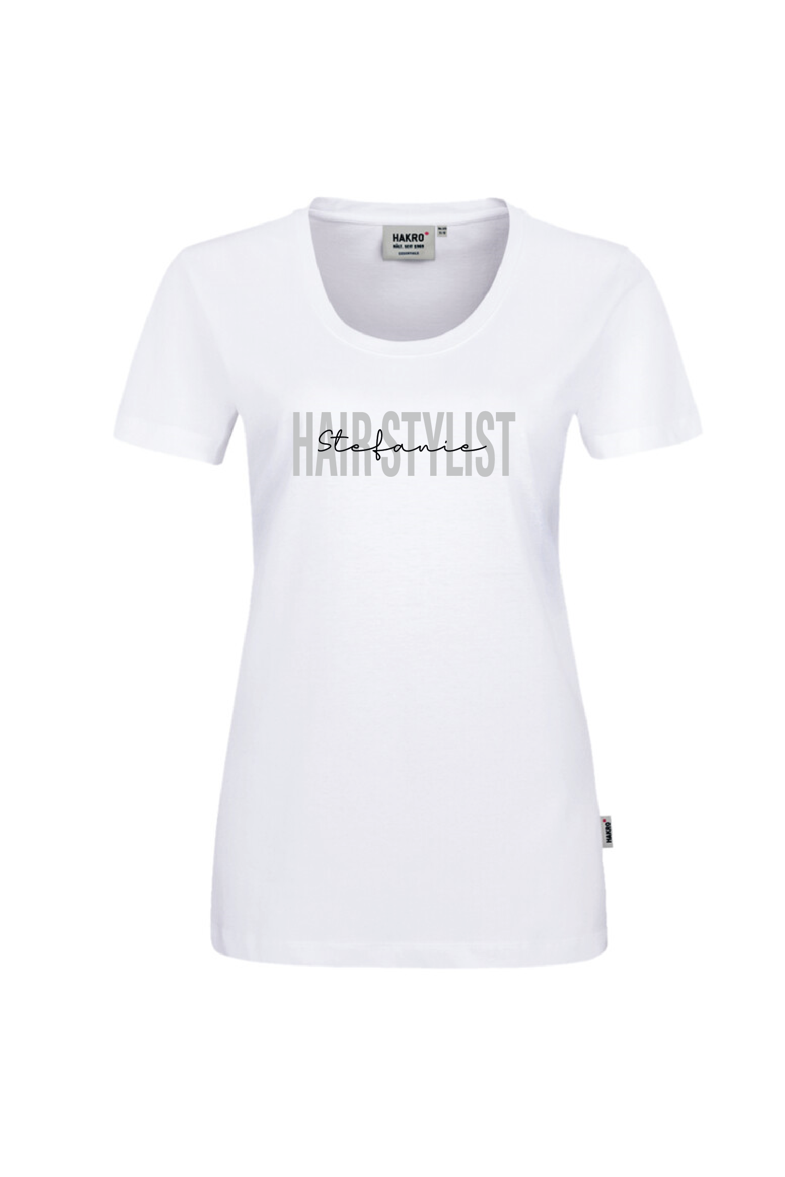 Weißes T-Shirt mit Aufdruck "Hairstylist" und Name