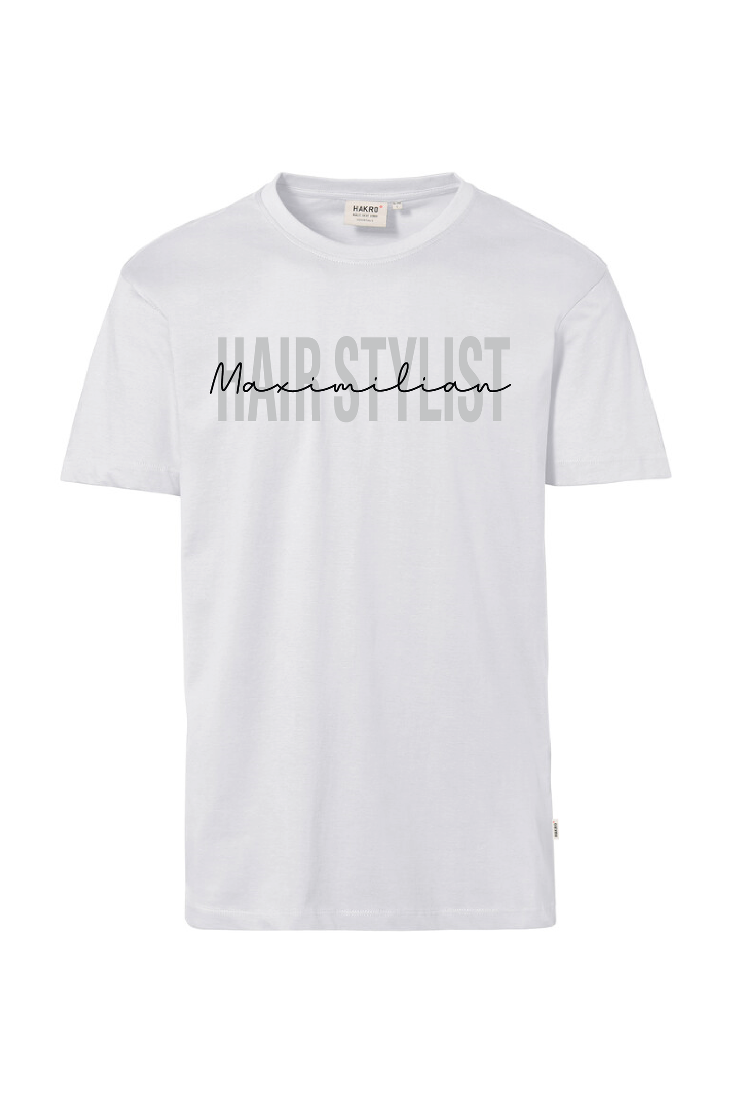 Weißes T-Shirt mit Aufdruck "Hairstylist" und Name