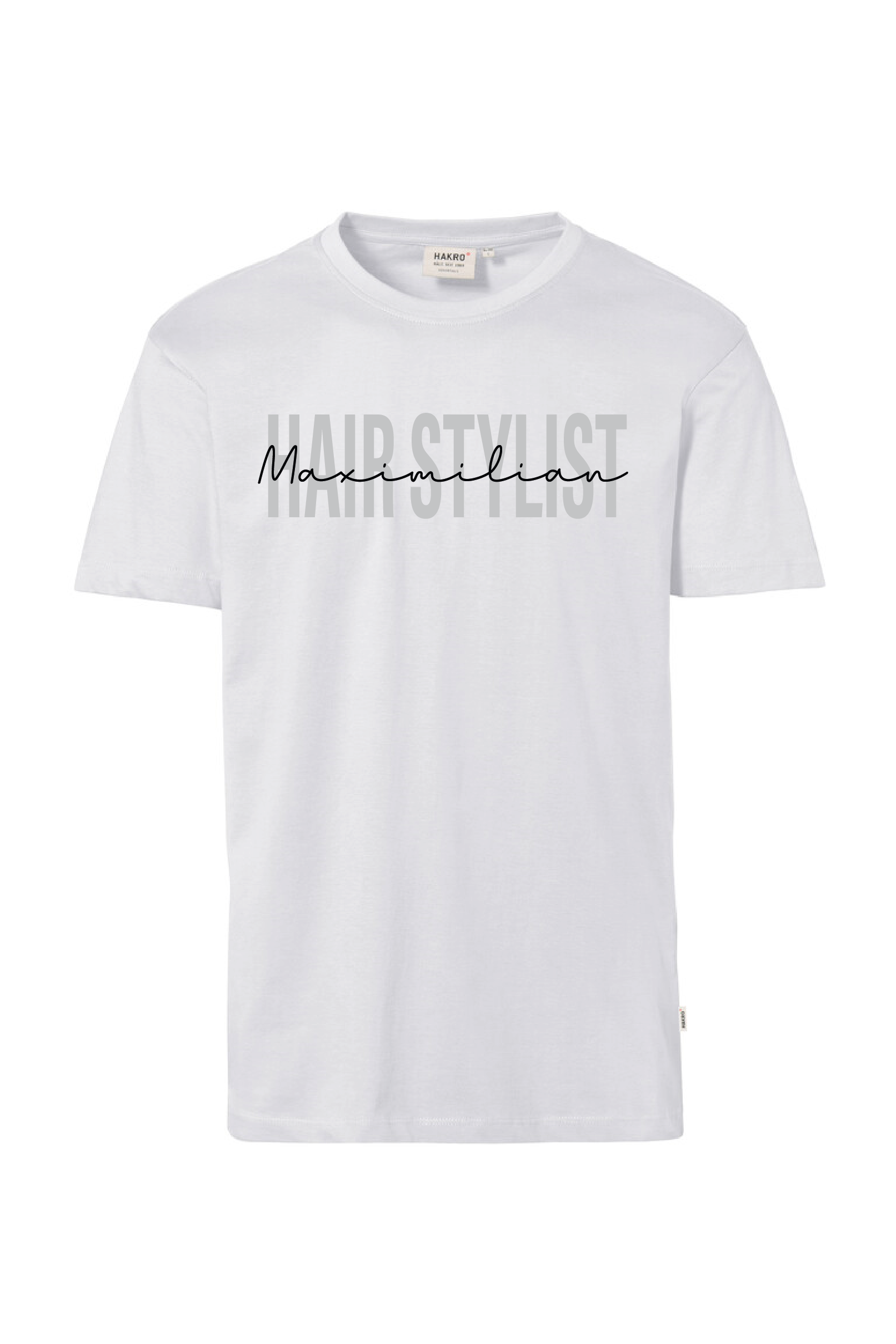 Weißes T-Shirt mit Aufdruck "Hairstylist" und Name
