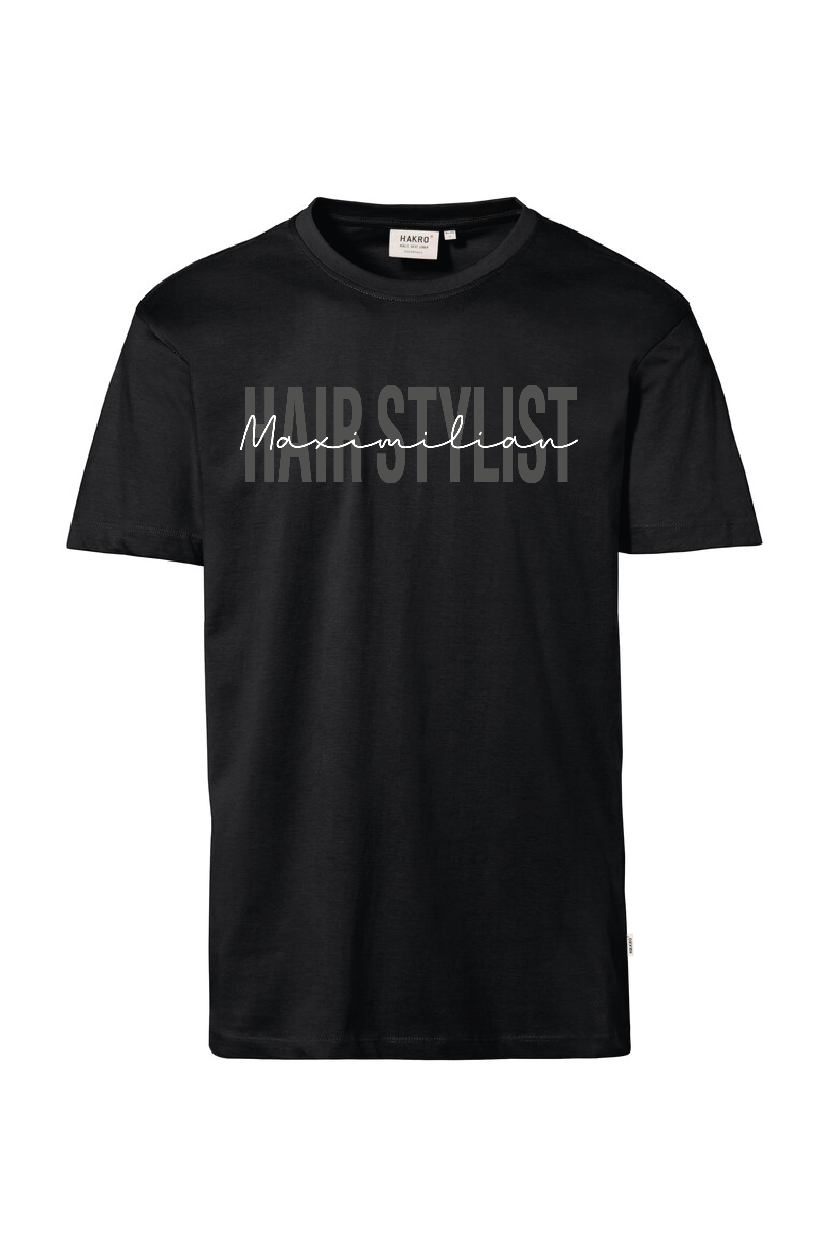 Schwarzes T-Shirt mit Aufdruck "Hairstylist" und Name