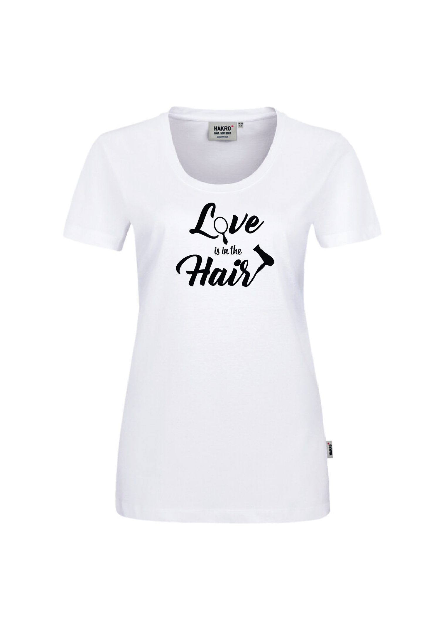 Weißes T-Shirt mit schwarzem Aufdruck "Love is in the Hair"