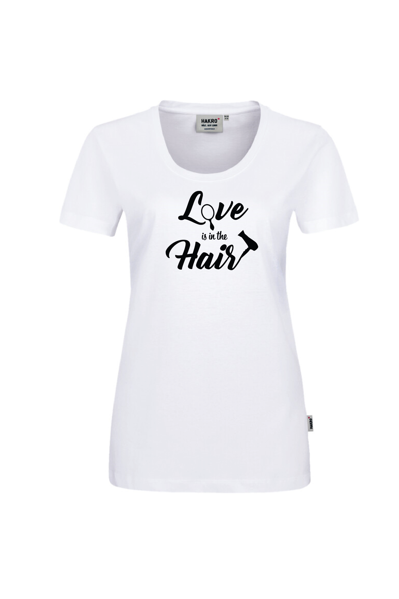 Weißes T-Shirt mit schwarzem Aufdruck "Love is in the Hair"