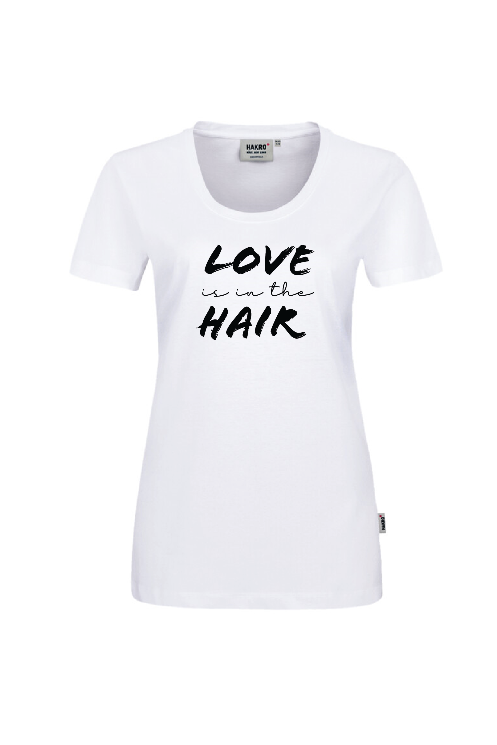 Weißes T-Shirt mit schwarzem Aufdruck "Love is in the Hair"