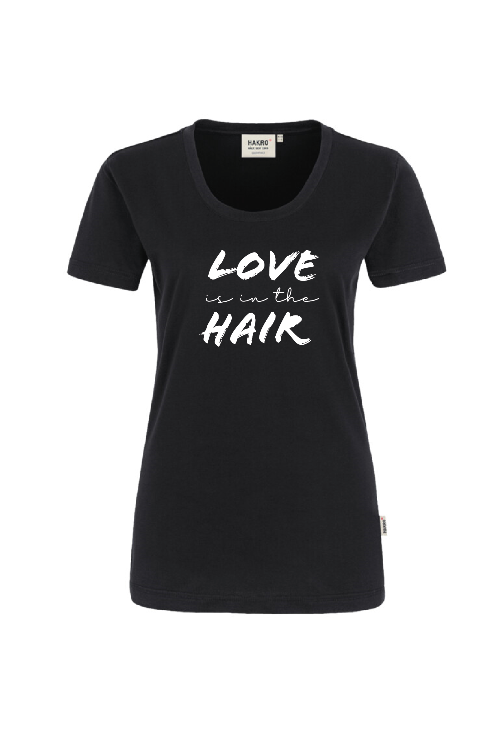 Schwarzes T-Shirt mit weißem Aufdruck "Love is in the Hair"