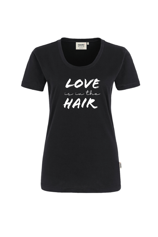 Schwarzes T-Shirt mit weißem Aufdruck "Love is in the Hair"