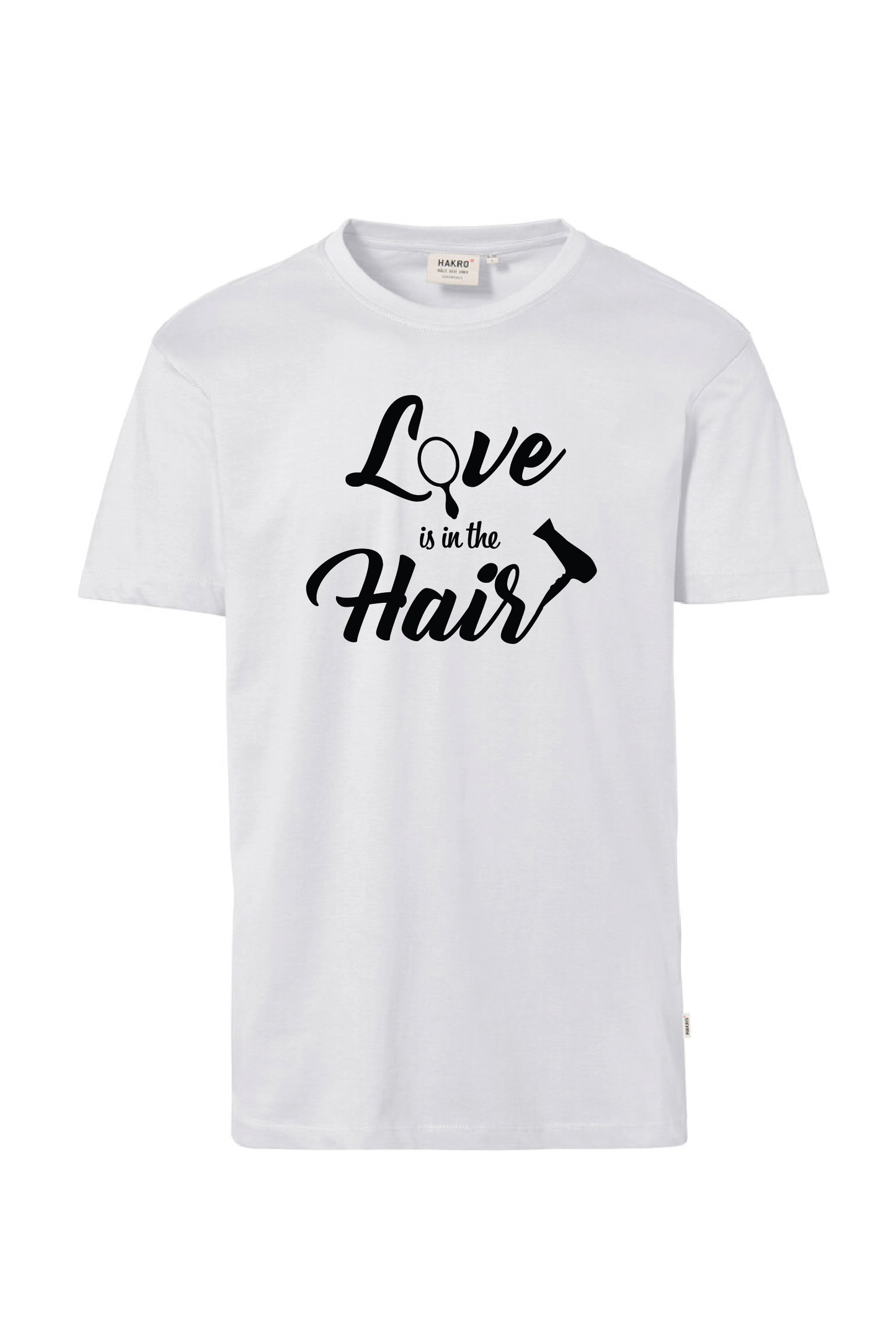Weißes T-Shirt mit dem Aufruck "Love is in the Hair"