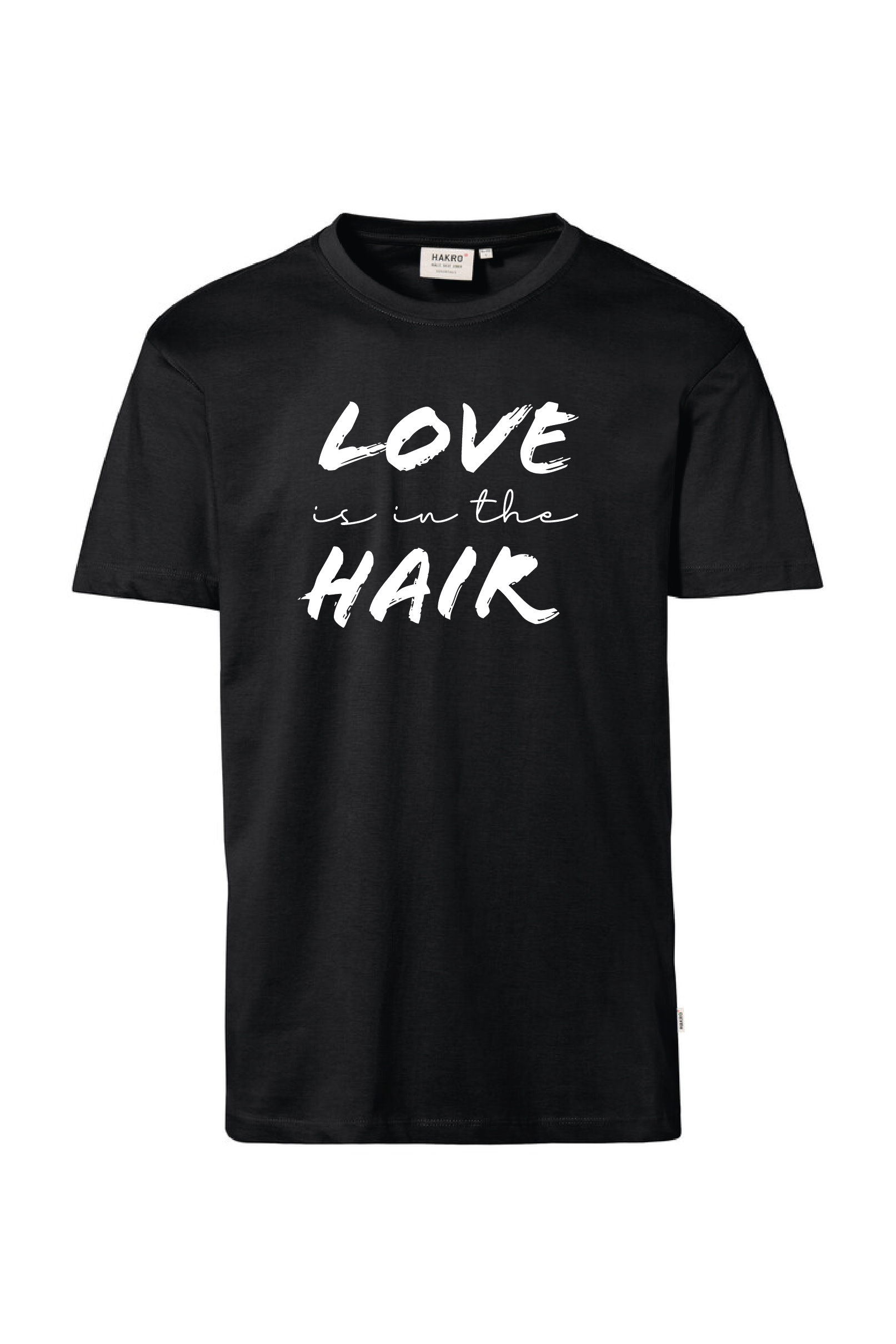 Schwarzes T-Shirt mit Aufdruck "Love is in the Hair"