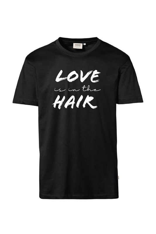 Schwarzes T-Shirt mit Aufdruck "Love is in the Hair"