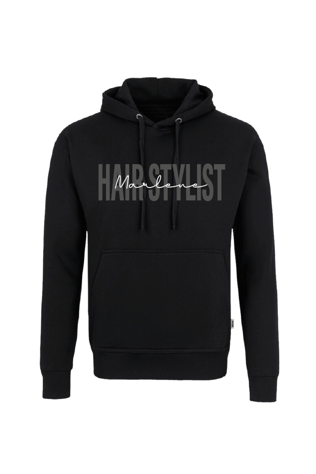 Motiv "Hairstylist" mit Name auf der Vorderseite des schwarzen Hoodys
