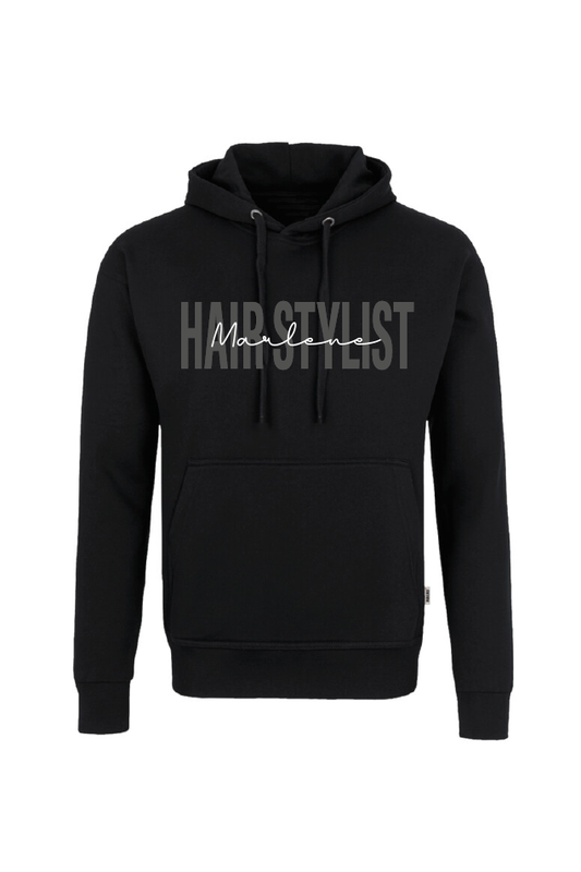 Motiv "Hairstylist" mit Name auf der Vorderseite des schwarzen Hoodys