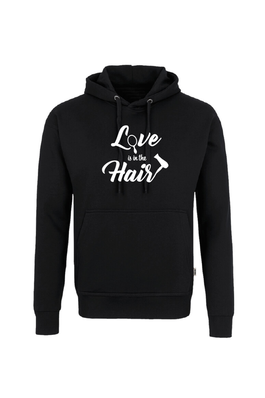 Schwarzes Sweatshirt mit weißem Aufdruck "Love is in the Hair"