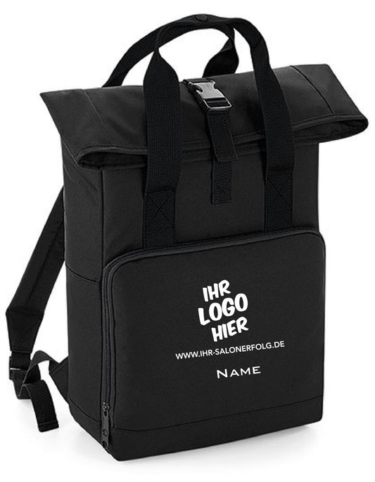 Schwarzer Rolltop-Rucksack mit Ihrem Salonlogo