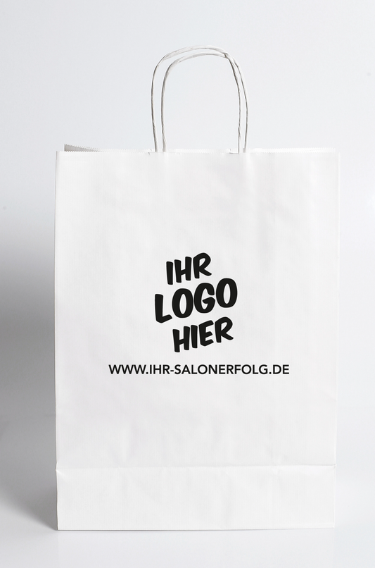 Weiße Papiertragetasche mit Ihrem Salonlogo
