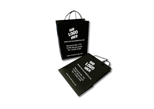 Papiertragetasche in schwarz mit Ihrem Salonlogo und Salondaten in weiß bedruckt