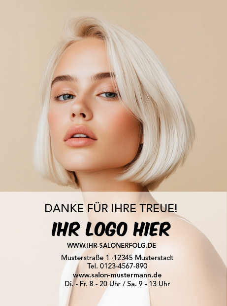 Eine Treuekarte im Stil "beige": ein Model mit kurzen, blonden Haaren und weißem Kleid, Vorderseite mit Ihrem Salonlogo