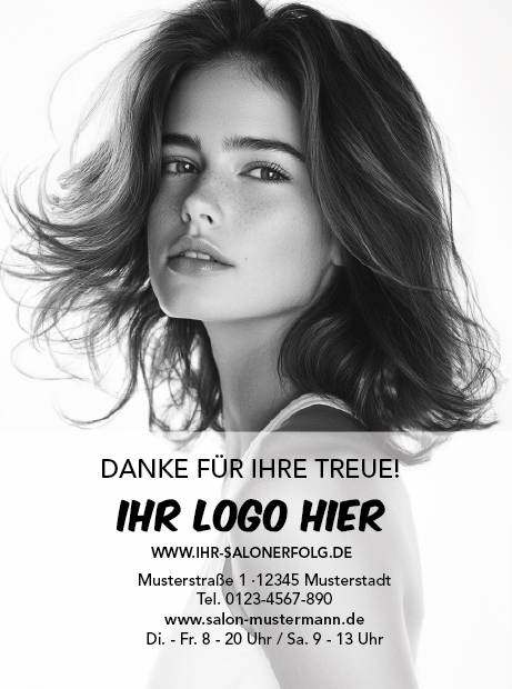 Eine Treuekarte im Stil Motiv "schwarz-weiß": ein Model mit langen, im Wind wehenden Haaren, Vorderseite mit Ihrem Salonlogo
